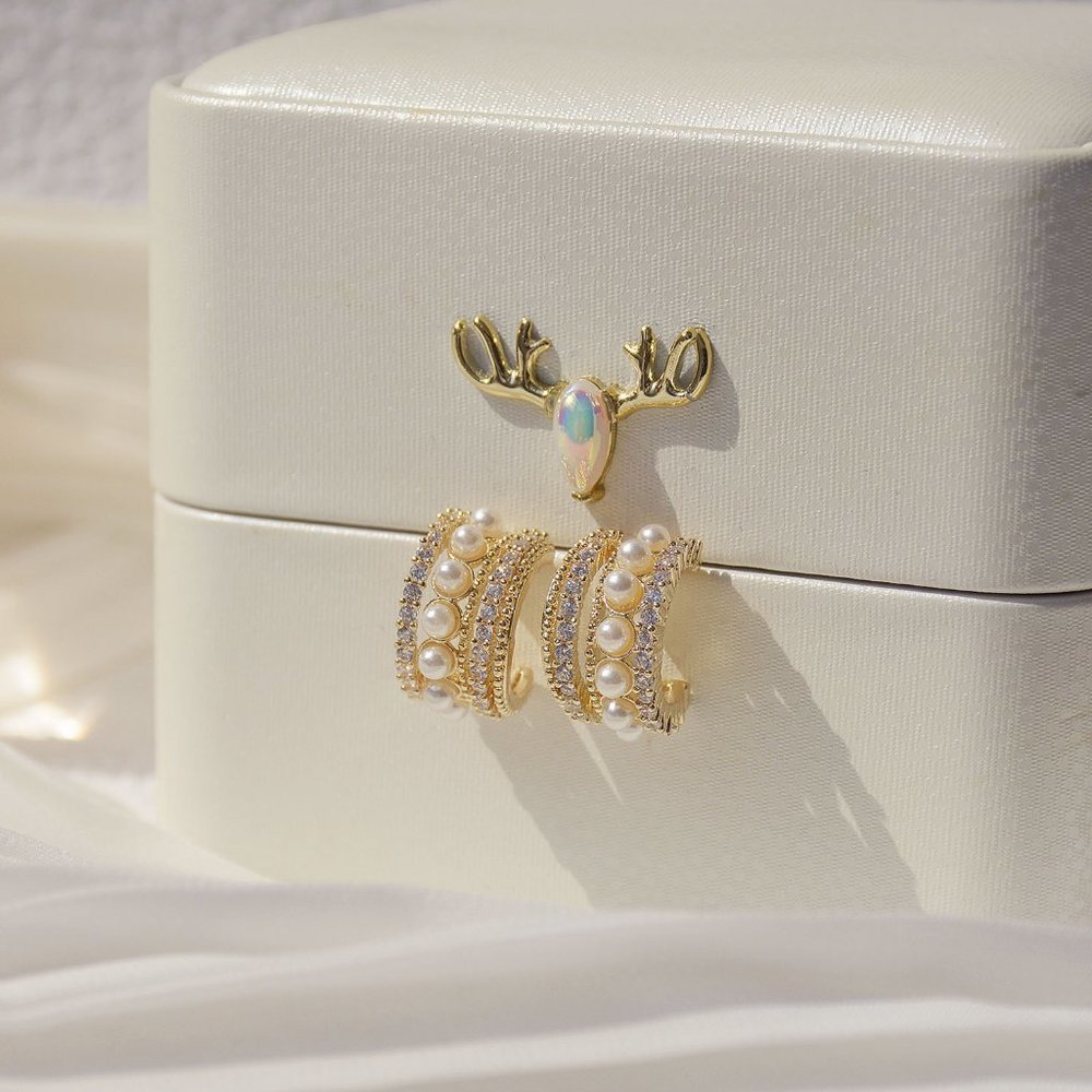 NEW 14K Gold Plated Diamond Pearl Open Hoops - Picture 6 of 8